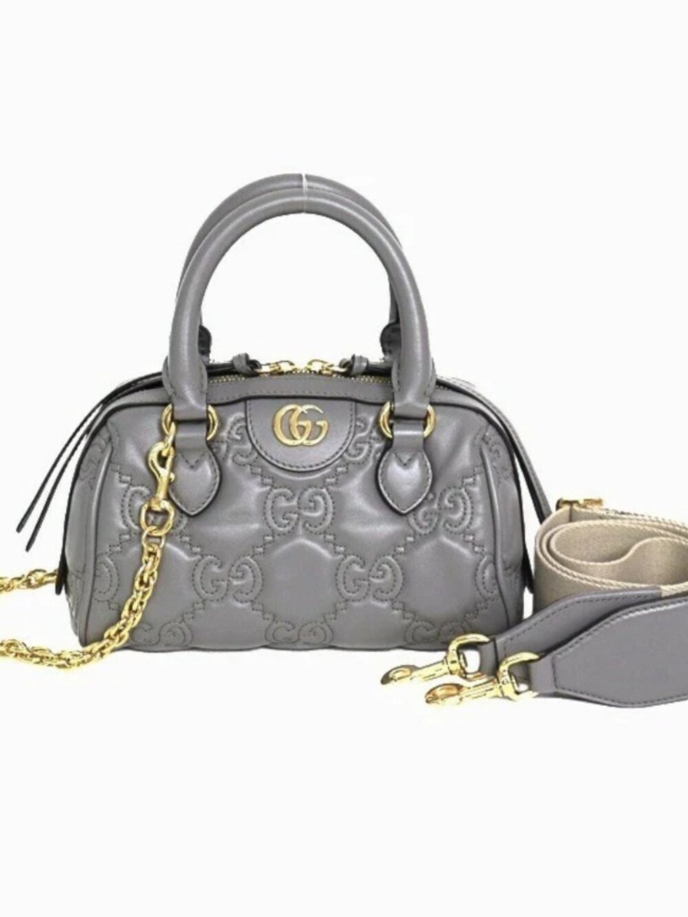NEW Gucci GG Matelasse Mini Bowler Bag Grey Crossbody 2 Way Straps 7022051
